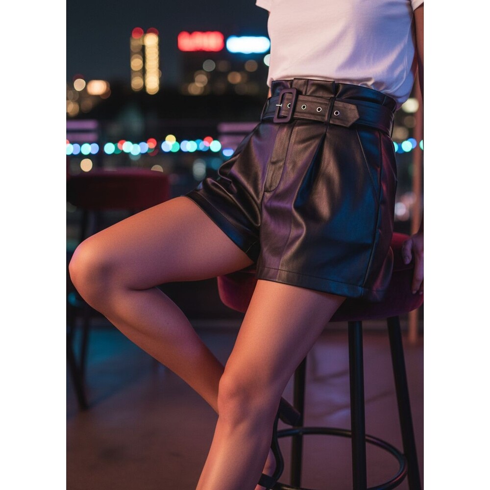 Women's S Black Faux Leather Paperbag Waist High Rise Belted Shorts - Picture 5 of 16